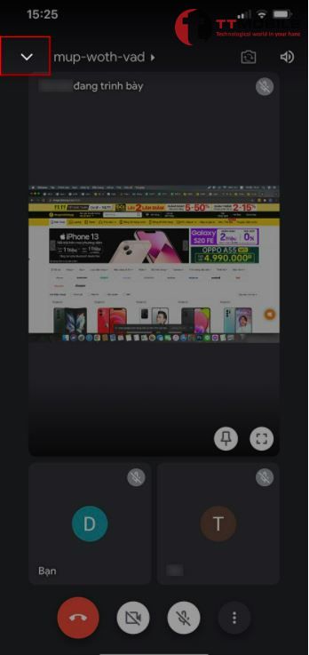 Nhấn biểu tượng mũi tên trỏ xuống ở góc bên trái màn hình là Cách thu nhỏ màn hình google meet trên điện thoại