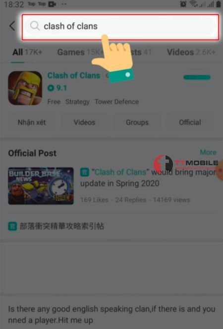 Mở ứng dụng Tap Tap lên, nhập vào thanh tìm kiếm tìm tên clash of clans rồi nhấn vào Download