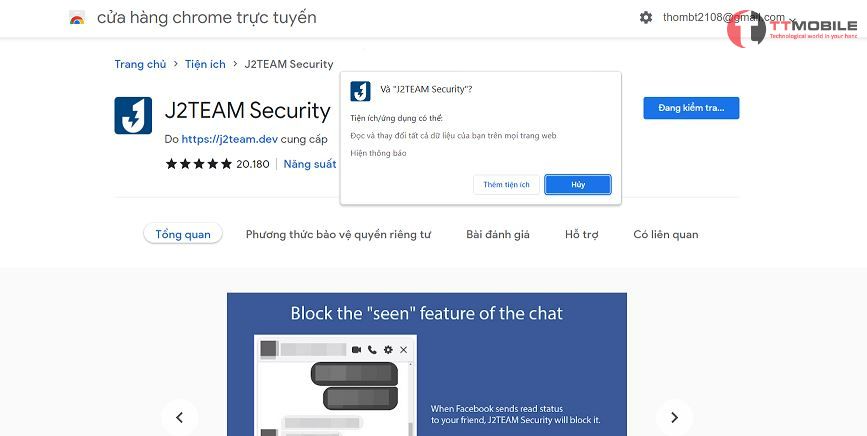 Nhấn Thêm tiện ích để xác nhận thêm J2team Security vào Google Chrome